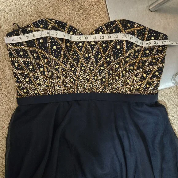 Sz 18 Alyce Paris 6573 Navy Chiffon Strapless Sweetheart Gown Gold Citrine Stone - Picture 9 of 12